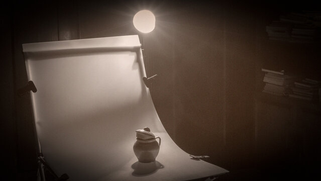 A Sepia Picture Of An Old Clay Jug In A Photo Studio. A Pitcher For Training Shooting With A Camera. Space For Text.