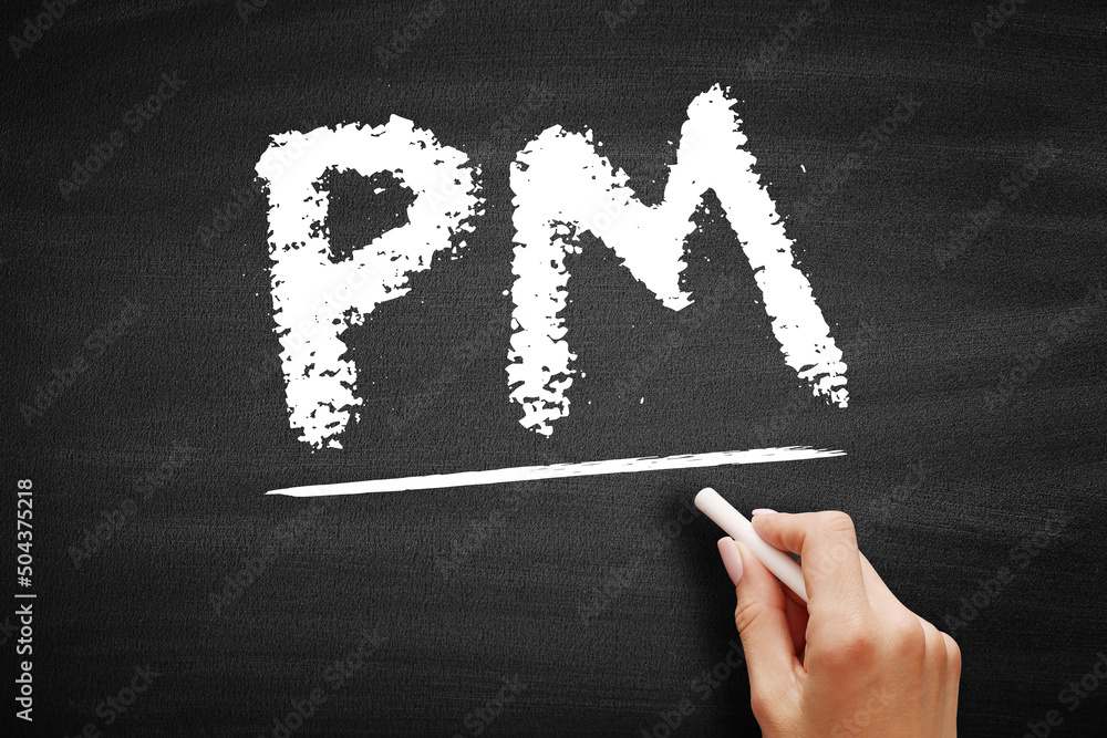 Poster pm - project manager is a professional in the field of project management, acronym text concept on b