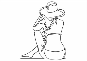 Beautiful young girl on the summer beach- continuous line drawing