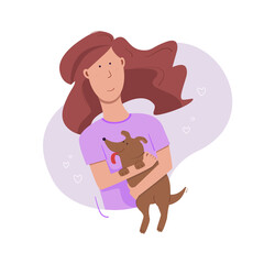 The girl is holding a happy dog in her arms. Flat illustration.