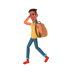 Student Go To College And Think For Exam Vector. Frustrated African Boy Student Walking To University And Thinking About Session. Sad Character Teenager With Rucksack Flat Cartoon Illustration