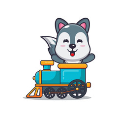 cute wolf mascot cartoon character ride on train © Artprodite