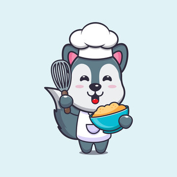 cute wolf chef mascot cartoon character with cake dough