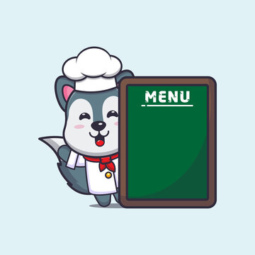 cute wolf chef mascot cartoon character with menu board