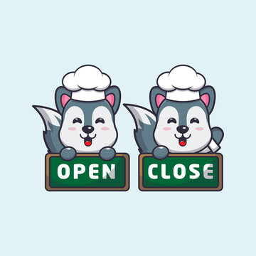 cute wolf chef mascot cartoon character with open and close board