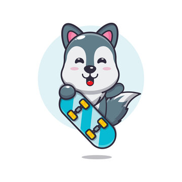 cute wolf mascot cartoon character with skateboard