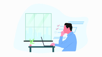 Working at home vector flat style illustration, Online career. Coworking space. young man working from home on a laptop or computer illustration. Man freelancer character working at home concept.