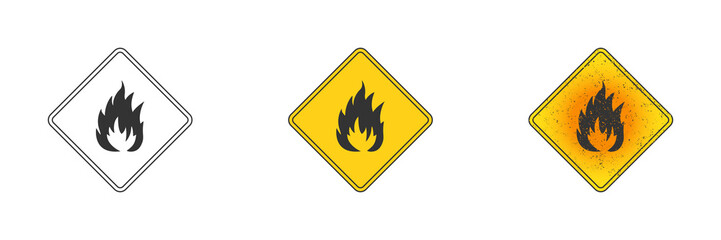Fire hazard symbol. Outline, flat yellow, and yellow with grunge texture. Vector illustration.