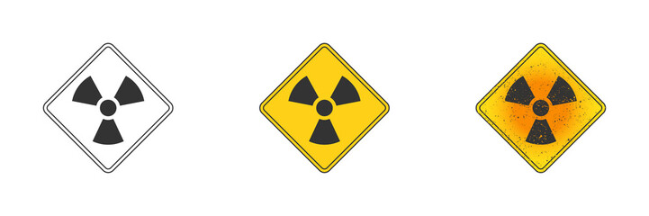 Fototapeta premium Radiation symbol. Outline, flat yellow, and yellow with grunge texture. Vector illustration.