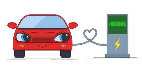 The process of charging an electric car. Eco friendly cartoon car. Vector illustration