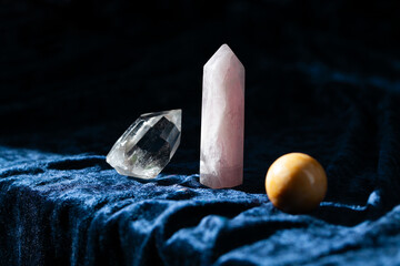 Different gemstones minerals on dark background for spiritual practice. Healing crystals concept