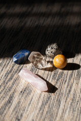 Collection of chakra healing crystal for meditation. Concept of relaxing practice