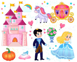Set of fairy tale items and characters in cartoon style. Prince and princess near the castle. Vector illustration © Екатерина Столяренко