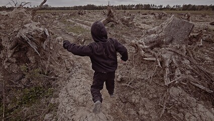 A boy walks among cut down trees. Russia.