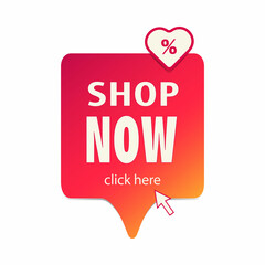 Shop now. Red button with heart and arrow. Vector illustration.