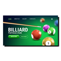 Billiard Famous Club For Enjoy Active Game Vector. Billiard Famous Club For Enjoying Sportive Activity, Shouting With Wooden Cue Balls To Pocket. Template Landing Page Realistic 3d Illustration