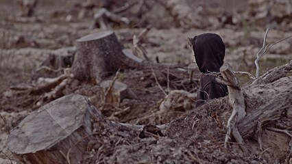 A boy walks among cut down trees. Russia.