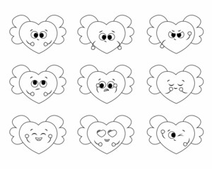Set with cute cartoon Heart with Wing. Draw illustration in black and white