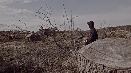 A boy walks among cut down trees. Russia.