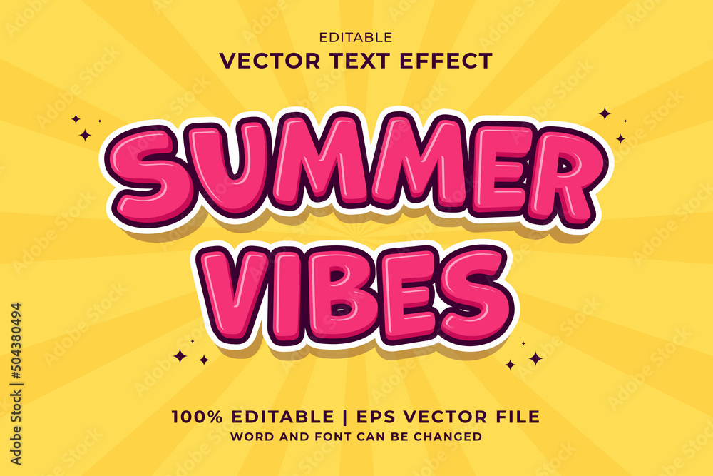Poster editable text effect summer vibes 3d cartoon template style premium vector