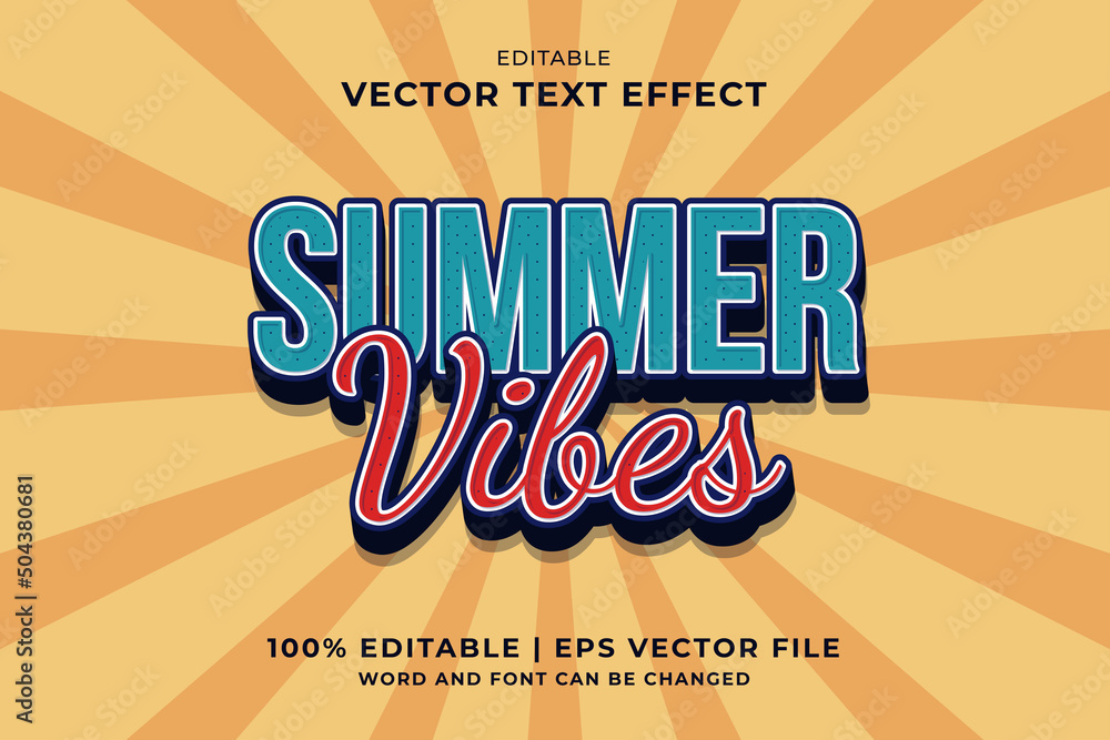 Poster editable text effect summer vibes 3d cartoon template style premium vector
