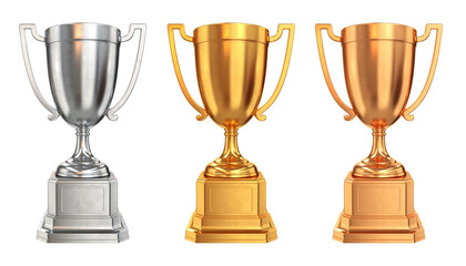 Set of trophy cups gold silver bronze on a white background, 3d render - obrazy, fototapety, plakaty