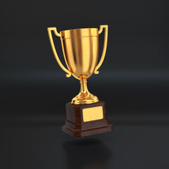 Golden trophy cup floating on a black background, 3d render