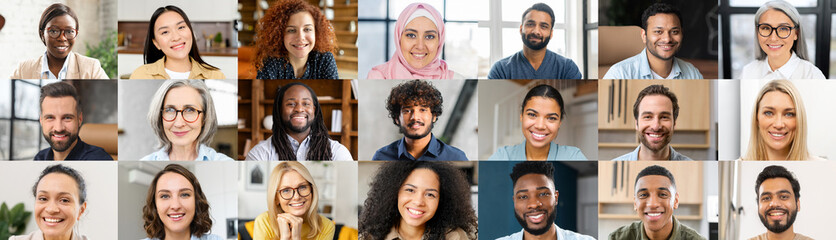 A lot of multiethnic people looking at camera, collage of diverse colleagues, horizontal banner, multiracial workteam mosaic, crowded screen with international employees, video call screen, header - Powered by Adobe