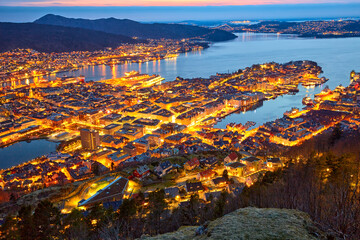 Bergen harbour aerial view at dusk, Norway