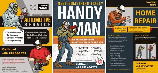 Colorful vertical posters set with workers