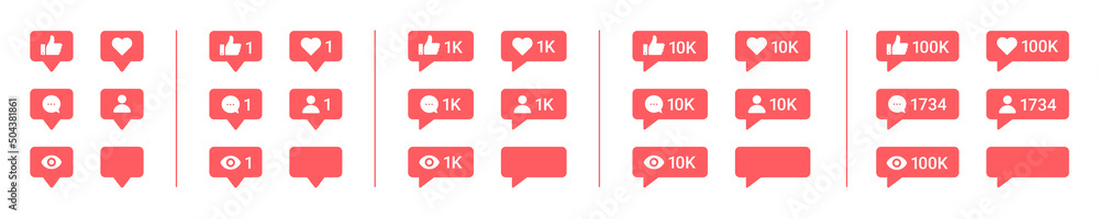 Poster social media notification flat icons set. like, comment, subscribe and view buttons. vector bubble i