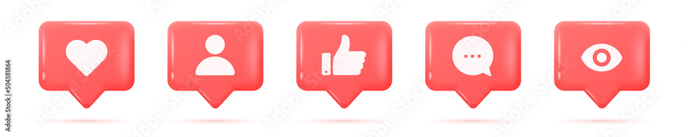 Poster set of realistic glossy 3d social media notification icons. like, comment, subscribe and view button
