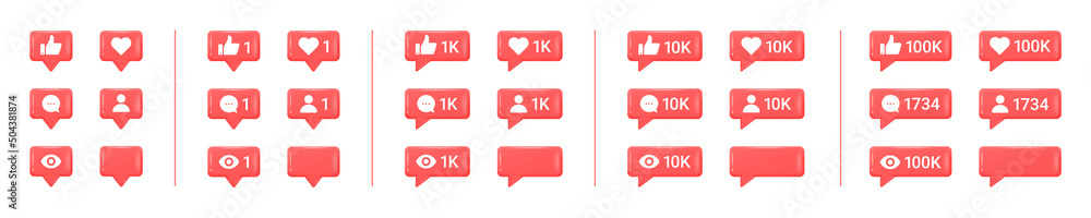 Fototapete set of realistic glossy 3d social media notification icons. like, comment, subscribe and view button