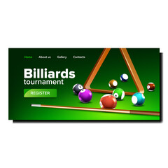 Billiards Tournament And Championship Event Vector. Billiards Tournament Player Registration, Snooker Balls, Wooden Cue And Triangle Equipment. Template Landing Page Realistic 3d Illustration