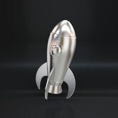 Silver rocket hovering on a black background, 3d render
