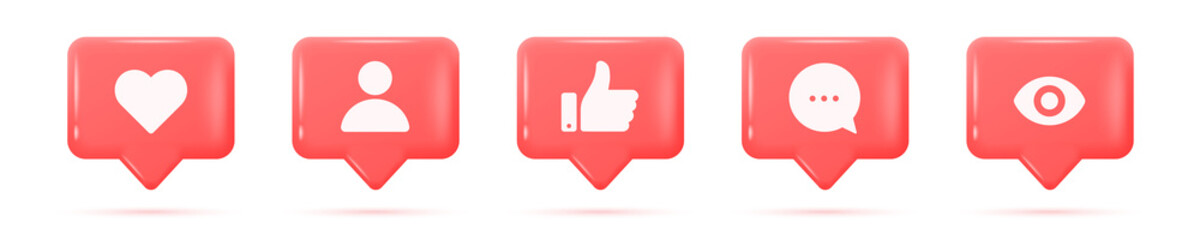 Set of realistic glossy 3d social media notification icons. Like, comment, subscribe and view buttons. Vector bubble icons for social networks isolated on white background.