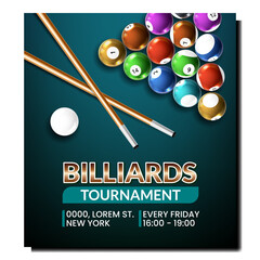 Billiards Tournament Creative Promo Poster Vector. Billiards Balls And Wooden Cue For Playing Sport Game Competition On Advertising Banner. Sport Activity Style Concept Template Illustration