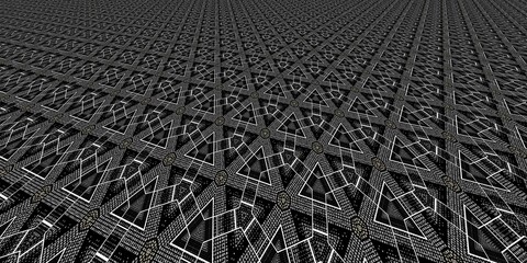 black and white and shades of grey grid dot and spot pattern with gold contrasting portions with perspective