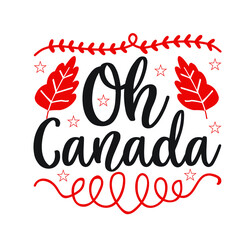 Happy Canada day illustration with flat symbols and hand drawn lettering, Canada day vector Illustration 1st July. Vector Illustration greeting card. Canada Maple leaves on white background