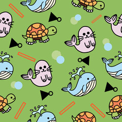 Fototapeta premium cute sea turtle dolphin animal seamless pattern wallpaper with design green.