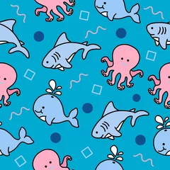 Foto op Aluminium cute sea whale octopus and shark animal seamless pattern wallpaper with design light sea blue. © morspective