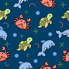 cute animal sea crab and turtle dolphin seamless pattern wallpaper with design dark sea blue.