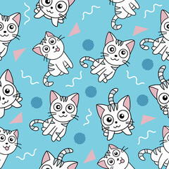 cute animal white cat seamless pattern wallpaper with design light blue.