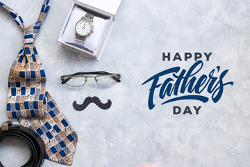 Design concept top view of Father's day gift idea with greeting on wood background.	