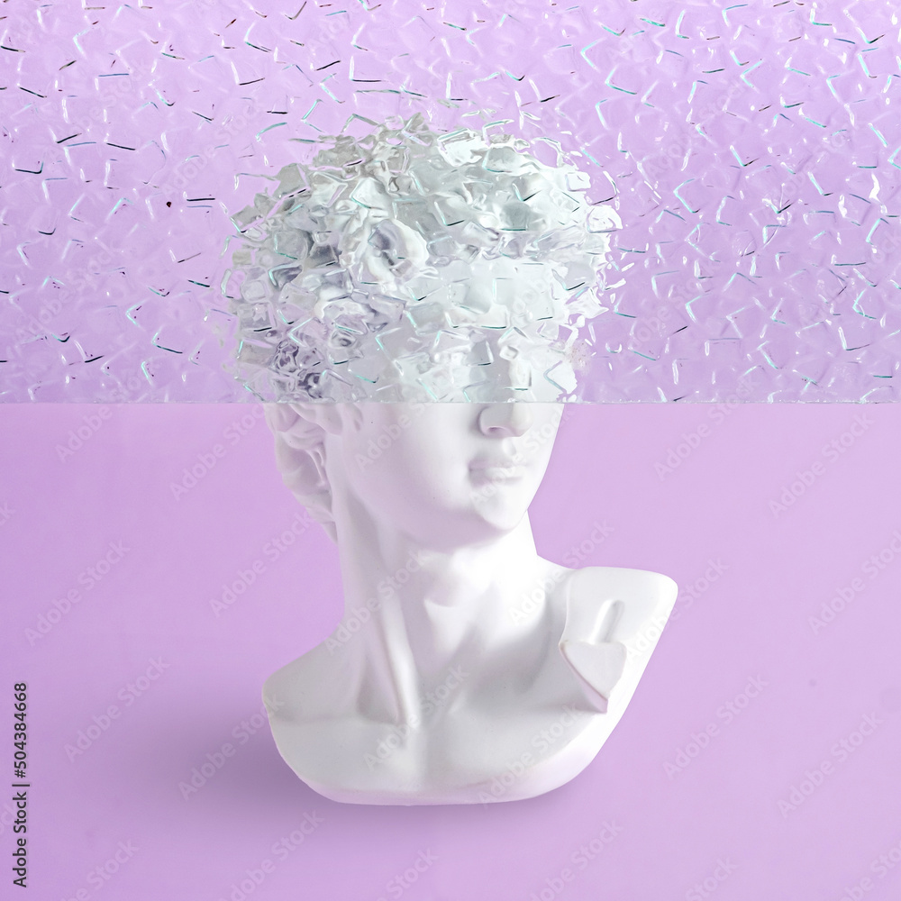 Poster bust of a statue of david on a purple background with fluted glass and part of the head is hidden. c
