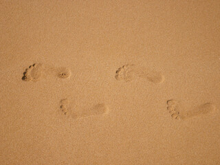 Fototapeta na wymiar Texture background Footprints of human feet on the sand near the water on the beach