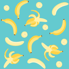 Seamless vector pattern with ripe bananas and slices on a blue background.