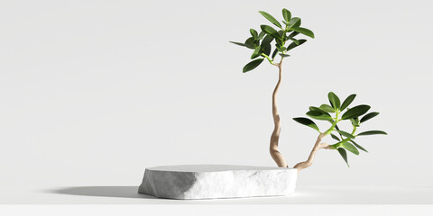 Stone product display podium with nature leaves on white background. 3D rendering	