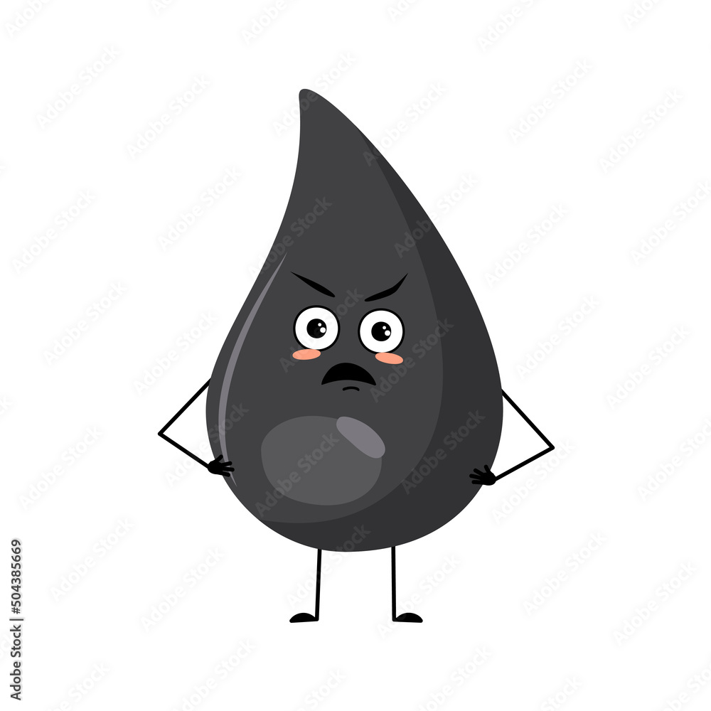 Wall mural Cute fuel or gasoline drop character with angry emotions, grumpy face, furious eyes, arms and legs. Fluid man with irritated expression, black oil man. Vector flat illustration