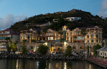 Marigot, St Martin - April 2022: the port of Marigot and Fort Louis in the evening
